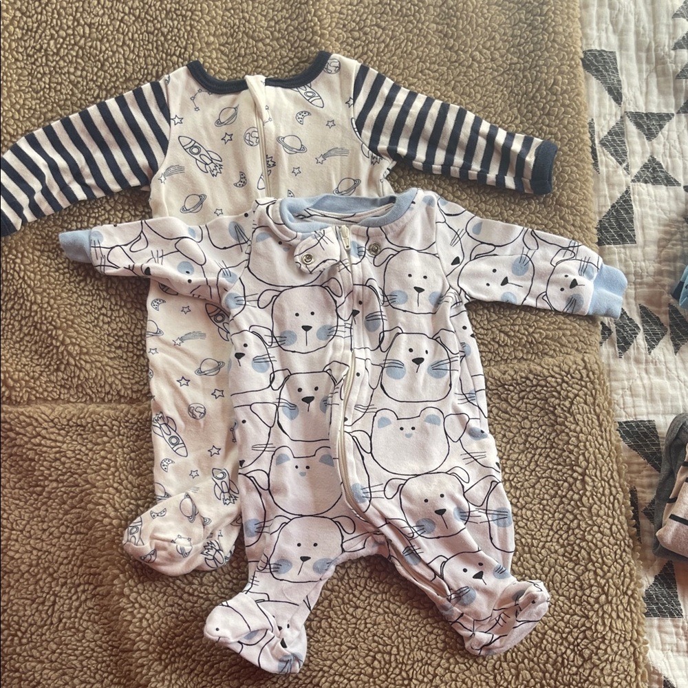 Adorable puppy and kitten and outer space Kids One Pieces